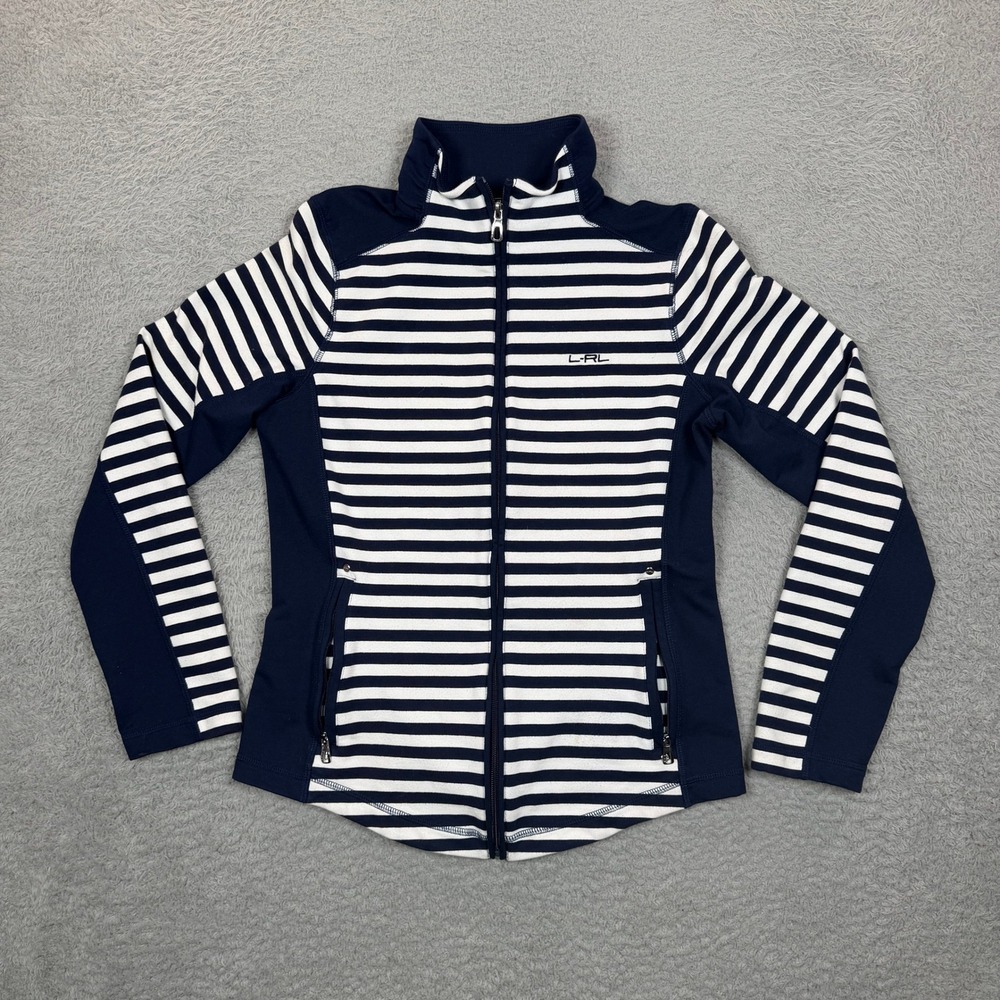 Lauren Ralph Lauren Active Navy White Striped Full Zip Mock Neck Jacket Small